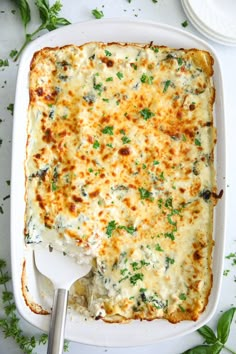 a casserole dish with cheese and spinach in it on a white plate