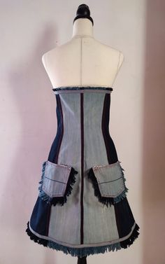 Made of two colors of denim fabric.  Decorated with red threads and a zipper.  Short fringes at the top and bottom of the dress.  Size: Under Bust 79cm  Waist 76cm  Hips 104cm Length 66 cm Short Fringe, Unique Dress, Patchwork Dress, Unique Dresses, Denim Fabric, Dress Clothes For Women, Peplum Top, Strapless Top, The Dress