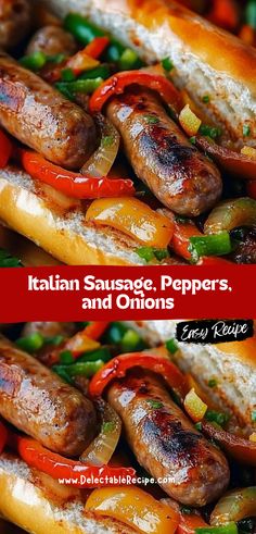 two pictures of sausages, peppers and onions