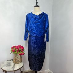 New With Tag Mark & James By Badgley Mischka Color: Gradient Blue & Navy Blue Available In Size: 12 Approx Measurements Laying Flat: Armpit To Armpit: 21” Waist: 16” Length: 42” Sleeve Length: 18” Velvet Drapey Style Long Sleeves Short Length Blouson Style P9-0 8-3 1 Chic Blue Holiday Dresses, Blue Holiday Dresses For Formal Occasions, Blue Holiday Formal Dress, Blue Formal Dresses For Holiday, Blue Evening Midi Dress, Blue Dressy Midi Dress For Evening, Blue Evening Dress For Holiday, Blue Evening Dresses For Holiday, Blue Holiday Evening Dresses