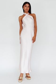 Shop the Italia Azure Crossover Halterneck Maxi Dress Pearl | Selfie Leslie Azure Dress, Check Please, Selfie Leslie, Satin Clutch, Clear Heels, Iron Material, Low Back, You Really, Crossover