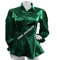 Satin Shiny Slim FIt Victorian Shirt Office Outfit Peplum Top Plus Size S86-1 | eBay Shirt Office Outfit, Dark Green Shirt, Victorian Shirt, Blouse Satin, Bow Tie Blouse, Office Wear Women, Half Sleeve Shirts, Bow Shirts, Office Outfit