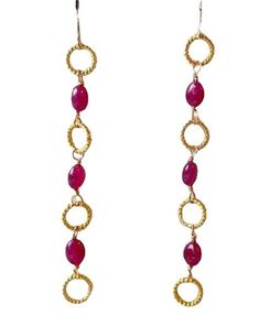 RARE! RUBY & 14K Gold Filled EARRINGS! This is for one pair of Natural RUBY EARRINGS! This RUBY is a wonderful pink/red! While this RUBY is not transparent, it is translucent and glows with an inner light and radiates a wonderful pulsating energy. These earrings have been created using 22K Vermeil findings and 14Kgf ear wires. Quantity: 1 pair of earrings Material Type: Genuine Ruby & 14Kgf Size: 5x4-6.5x4.5mm Color: Deep Pink Legend: Ruby is said to energize and stimulate the wearer! Origin: Ma Gold Faceted Ruby Earrings, Red Briolette Earrings For Anniversary, Yellow Gold Ruby Dangle Earrings, Inner Light, Handcrafted Artisan Jewelry, Ruby Earrings, Gold Filled Earrings, Deep Pink, Red Ruby