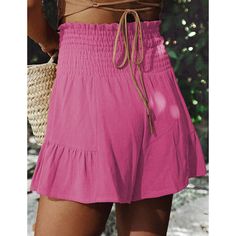 Rose Ruffle Hem Tie Waist Wide Leg Culotte Solid Bottoms With Ruffle Hem For Summer, Feminine Solid Color Summer Bottoms, Pink Summer Shorts For Brunch, Pink Ruffle Hem Bottoms For Beach, Pink Solid Color Beach Bottoms, Pink Ruffle Hem Bottoms For Brunch, Pink Bottoms With Ruffle Hem For Summer, Pink Bottoms With Ruffle Hem For Day Out, Pink Ruffle Hem Bottoms For Summer