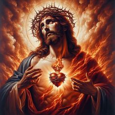 jesus holding a heart in his hands and surrounded by lightning, with the sun behind him