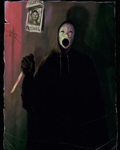 a painting of a person with a creepy mask holding a knife in front of him