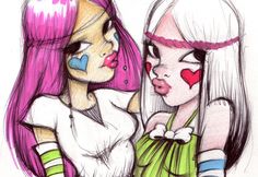 two girls with pink hair and make - up are looking at each other