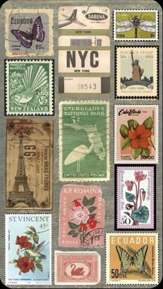 many different postage stamps with flowers and birds on them, including the eiffel tower