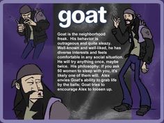 an image of a man with beards in front of a blackboard that says goat