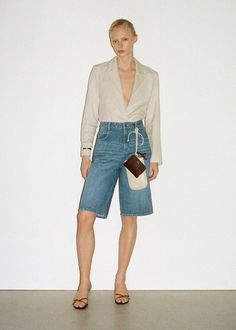 Straight-fit denim bermuda shorts - Women | Mango USA Jean Bermuda Shorts Outfit, Denim Bermuda Shorts Outfit, Bermuda Shorts Outfit, Winter Outfits Casual, Long Denim Shorts, Jean Short Outfits, Denim Shorts Outfit, Bermuda Shorts Women, Everyday Casual Outfits