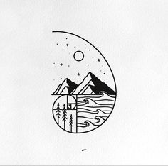 a drawing of mountains and trees in a circle with the moon above it, on top of