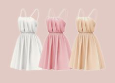 three different colored dresses on a pink background