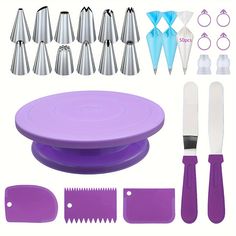 the tools needed for making cake decorating are shown in purple and silver color scheme