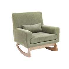 a green rocking chair with two pillows on the back and one seat upholstered