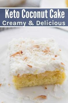 a close up of a piece of cake on a plate with coconut and whipped cream