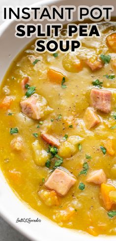 instant pot split pea soup in a white bowl with parsley on top and text overlay that reads instant pot split pea soup