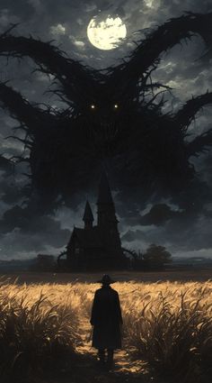 a man standing in the middle of a field next to a giant monster like structure