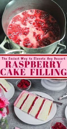 raspberry cake filling in a pan with the title overlay reads, the finest way to flavor any dessert