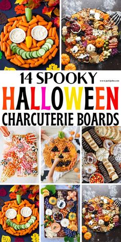 a collage of halloween charcuteries with the words spooky halloween charcuterie boards