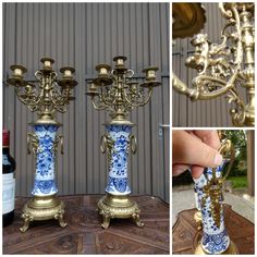 Antique boch blue white delft decor pottery candelabras with brass angel figurines at the side handles and dragons in the upper arms very beautiful set begin 1900s 56.5 x 21.5 cm each good condition with wear consistent age/ usage see pics Delft Decor, Delft Pottery, Decor Pottery, Upper Arms, Angel Figurines, Decorative Pottery, Delft, Rare Antique, Home Fragrances