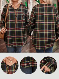 Plus Size V-Neck Long Sleeve Plaid Minimalist Casual Blouse Red Casual  Long Sleeve Fabric Plaid Top Slight Stretch  Women Plus Clothing, size features are:Bust: ,Length: ,Sleeve Length: Casual Long Sleeve Shirts, Bandana Hairstyles, Long Sleeve Plaid, Plaid Tops, Inspiration Mode, Red Blouses, Kids Jewelry, Casual Blouse, Lantern Sleeves