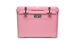 the yeti cooler is pink and has two handles on each side, one for carrying food