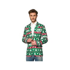 Festive fashion. Spice up your holiday look with this men's Christmas blazer from Suitmeister. In green. Festive fashion. Spice up your holiday look with this men's Christmas blazer from Suitmeister. In green. Holiday design Button front 5-pocket Long sleevesFIT & SIZING Slim fitFABRIC & CARE Machine wash - delicate Polyester Imported Gender: male. Age Group: adult. Pattern: Pattern. Festive Holiday Long Sleeve Blazer, Festive Green Winter Outerwear, Festive Green Long Sleeve Blazer, Mens Elf Costume, Christmas Print Suits For Men, Ugly Christmas Suit, Mens Christmas Costumes, Boys Christmas Pajamas Green Santa Head, Christmas Blazer