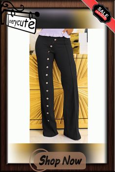 Black Button Detail Straight Leg Flare Pants Black Wide Leg Pants With Button Zip Fly, Casual Pants With Button Closure For Night Out, Chic Pants With Buttons For Night Out, Black Button-up Work Pants, Black Button-up Pants For Work, Black Button-up Bottoms For Fall, Black Casual Bottoms With Button Cuffs, Black Button-up Pants, Casual Black Bottoms With Button Cuffs