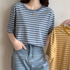 Loose Cotton Green Striped T-shirt  Material: Cotton 91%+Spandex 9%  Style: Leisure Size: S, M, L, XL Color: Green, Yellow, Blue, Navy Blue  Occasion: Outdoor, Daily,  Vacation, Chekered T Shirt, Striped T Shirt Outfit, Striped Tee Outfit, Vintage Striped Shirt, Scoops Ahoy, Bright Color Dresses, Swift Concert, Striped Shirts, White Boho Dress