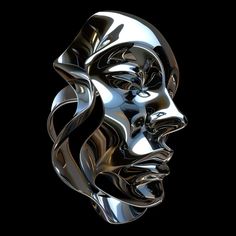 the face of a woman is made out of shiny silver metal, on a black background