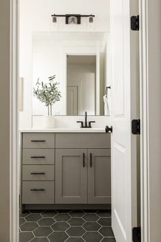 an open door leading to a bathroom with gray cabinets and white walls, along with a plant in the corner