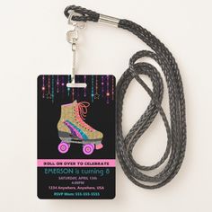 a lanyard with a roller skate on it and a name tag attached to the lanyard