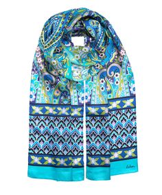 Mosaic Tile Paisley Silk Oblong in color Turquoise Blue Silk Casual Scarves, Blue Silk Casual Scarf, Casual Blue Silk Scarves, Blue Silk Scarf With Paisley Print, Blue Silk Scarves For Spring, Blue Bohemian Scarf With Paisley Print, Blue Bohemian Paisley Print Scarves, Blue Paisley Print Bohemian Scarf, Blue Bohemian Silk Scarf For Spring