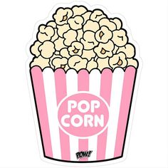 a pink and white popcorn bag with the word pop corn on it