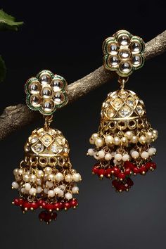 Buy Multi color Gold-Plated Kundan Diamonds And Pearls Jhumka Earring Online - One minute Saree – ONE MINUTE SAREE Luxury Red Traditional Earrings, Luxury Red Chandbali Bridal Earrings, Luxury Red Kundan Jhumkas, Luxury Fusion Style Festive Jhumkas, Cheap Festive Chandbali Jhumkas, Luxury Traditional Ruby Jhumkas, Luxury Ruby Meenakari Jhumkas, Luxury Ruby Temple Jewelry Jhumkas, Festive Jeweled Dangle Danglers