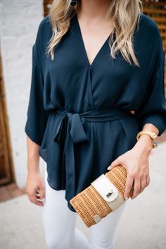 Date Night Style: Navy Wrap-Top Blouse — bows & sequins Wrap Style Wedding Dress, Wrap Shirt Outfit, Wrap Blouse Outfit, Wrap Tops For Women, Wrap Blouses, Wrap Around Blouse, Date Night Style, Wrap Top Blouse