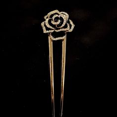 "Pieces are attached using a special jewelry adhesive. Please read descriptions thoroughly for sizes and materials.  This is an eye catching u shaped gold metal hair fork with an adorable gold metal rose flower on the top, with black enamel petals and small white faceted glass gem accents. It is a really fun way to dress up any bun hair style! The fork is 4 1/2\" long, with the prongs being 3 1/4\" long, and it is just over 1 1/4\" at it's widest. Check out my shop for more hair pins, forks, and all sorts of fun jewelry and accessories! Please note that a special jewelry adhesive is used to adhere the ornament to the fork. It is very sturdy. Please note: I am not responsible for any items lost or damaged in the mail. Please double check your address before ordering, and I recommend purchas Rose Hair Pin, Black Rose Hair Accessories, Gold Hair Stick, Hair Sticks Metal, Metal Hair Stick, Gold Flower Hair Pin, Hair Accessories Bun, U Shaped Hair, Rose Hair