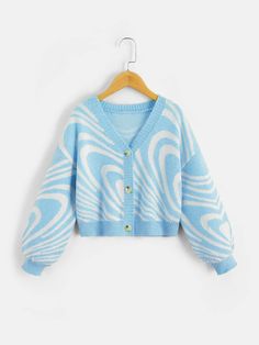 Blue and White Casual Collar Long Sleeve Fabric All Over Print  Embellished Slight Stretch  Tween Girls Clothing Fall Outerwear, Drop Shoulder Cardigan, Two Piece Jumpsuit, Jacquard Knit, Short Coat, Clothing Size Chart, Womens Clothing Sizes, Sweater Coats, Lany