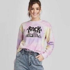 Snoopy “Rock” Tie Dye Purple Sweatshirt Top. Size S. Brand New 90s Inspired Crew Neck Top For Fall, 90s Inspired Graphic Print Fall Tops, 90s Inspired Graphic Print Tops For Fall, 90s Inspired Long Sleeve Graphic Print Tops, 90s Inspired Long Sleeve Letter Print Tops, 90s Inspired Long Sleeve Graphic Top, 90s Inspired Long Sleeve Top With Letter Print, 90s Inspired Cotton Top For Fall, 90s Inspired Long Sleeve Cotton Top