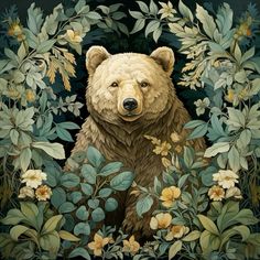 a painting of a bear surrounded by leaves and flowers on a black background with green foliage