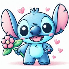 a cartoon elephant holding a flower with hearts around it