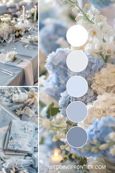 the table is decorated with blue and white flowers