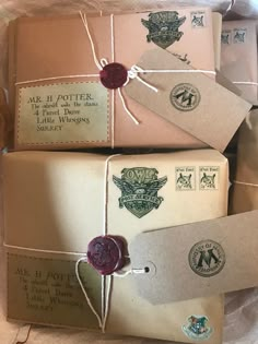 three harry potter soaps wrapped in brown paper and twine with waxed tags