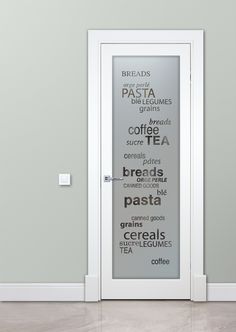 an open door with words written on the glass in front of it that say breakfast and coffee