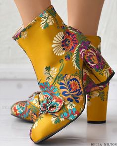 Bella Milton - Chic and Sophisticated Floral Embroidered Chunky Heel Ankle Boots Embroidered Chunky Heels, Ankle Strap Chunky Heels, Chunky Heel Ankle Boots, Embroidered Boots, Chunky Heel Shoes, Boots Patterns, Colorful Heels, Chunky Shoes, Chic Type