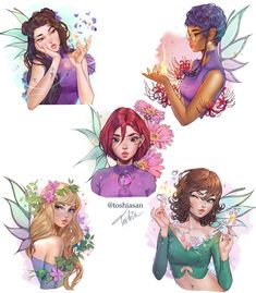 four pictures of different women with flowers in their hair