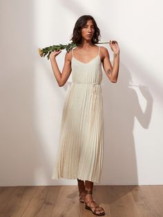 Petite Pleated Midi Dress | Banana Republic Chic Silk Pleated Summer Dress, Spring Silk Pleated Midi Dress, Chic Spring Rayon Slip Dress, Chic Rayon Slip Dress For Spring, Summer Pleated Rayon Dress, Spring Pleated Viscose Dress, Spring Pleated Dresses Made Of Viscose, Spring Beige Viscose Dress, Chic Viscose Slip Dress For Spring