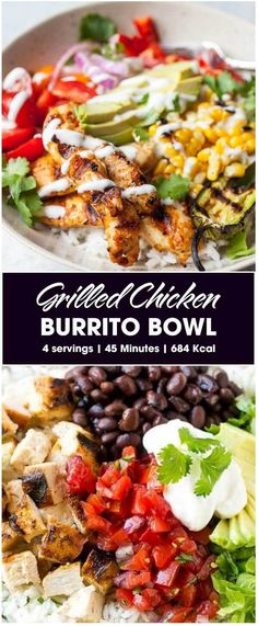 grilled chicken burrito bowl with black beans, tomatoes and avocado