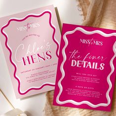 two pink and white wedding cards on top of each other