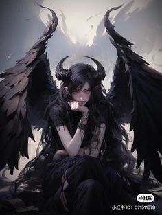 a woman with black wings sitting on the ground